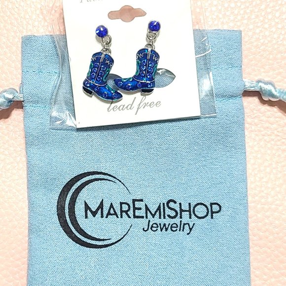 Cowgirl Boot Earrings - Blue Sparkle with Rhinestone Shine - Picture 3 of 10